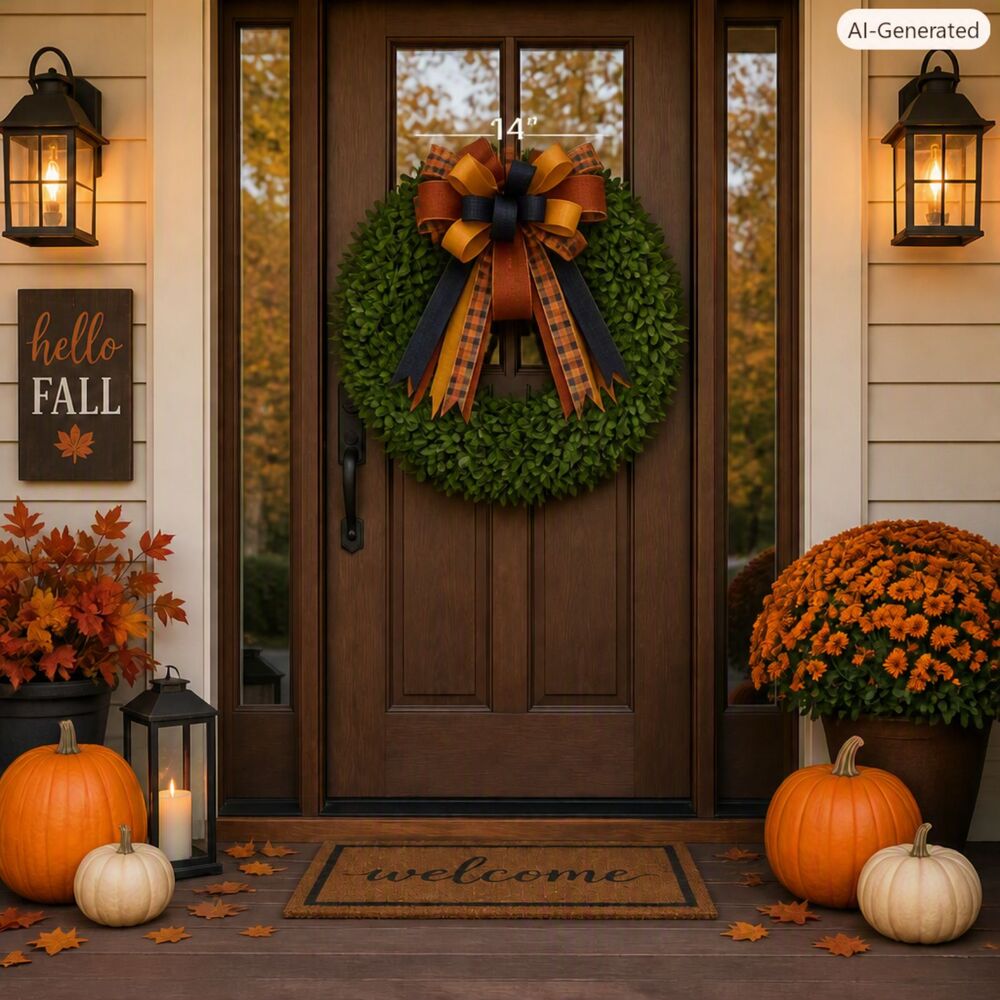 Autumn Farmhouse Wreath Bow with Burnt Orange Plaid Bow Handmade Seasonal Accent